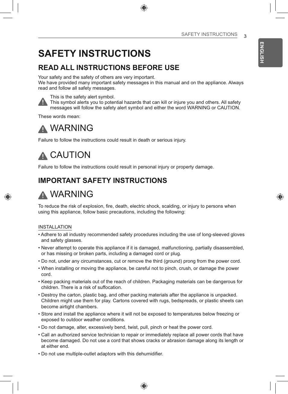 Safety instructions, Warning, Caution | Read all instructions before use, Important safety instructions | LG 50 Pint Smart Dehumidifier  Owner's Manual User Manual | Page 4 / 79