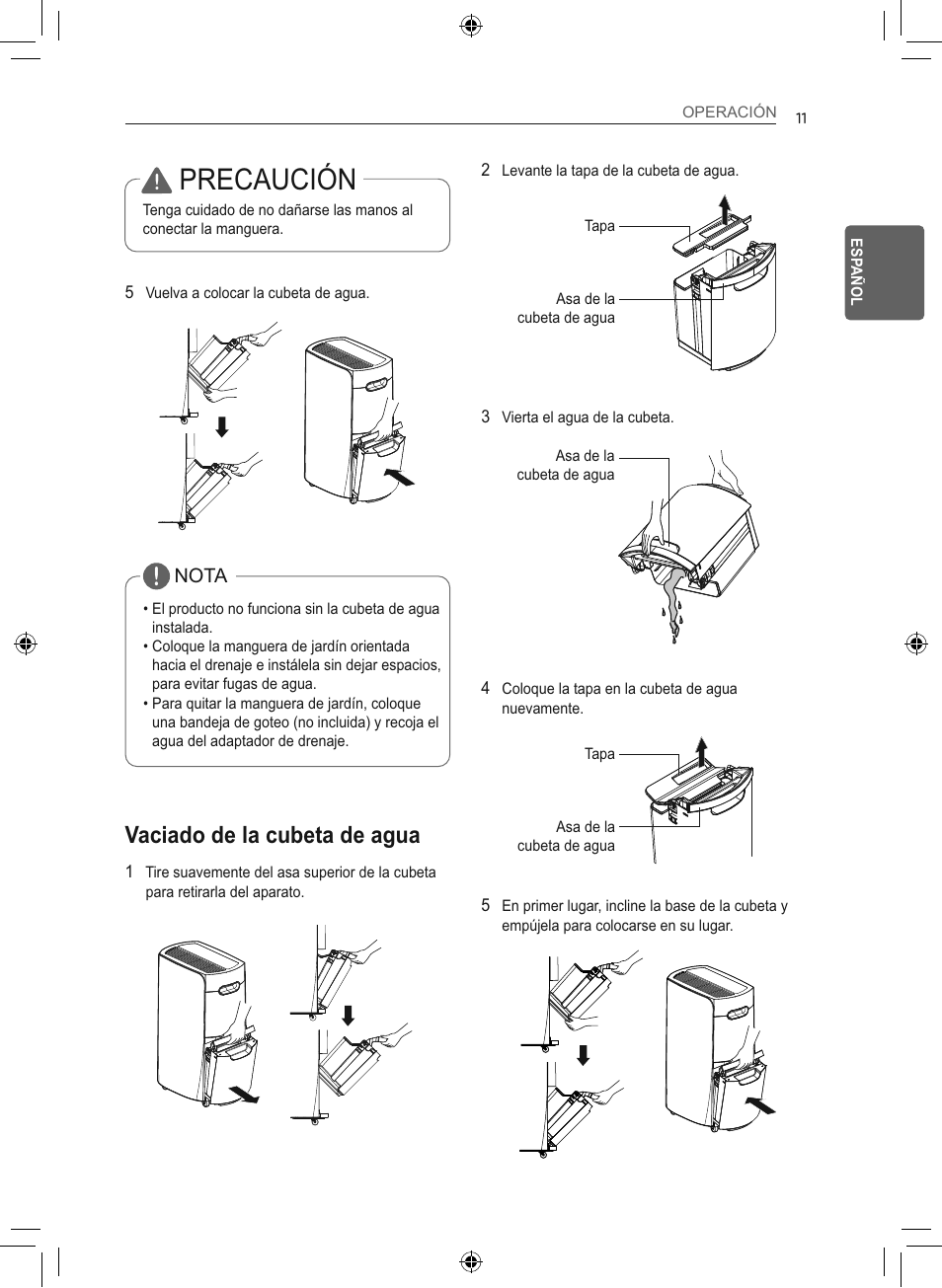 Precaución, Vaciado de la cubeta de agua | LG 50 Pint Smart Dehumidifier  Owner's Manual User Manual | Page 40 / 79