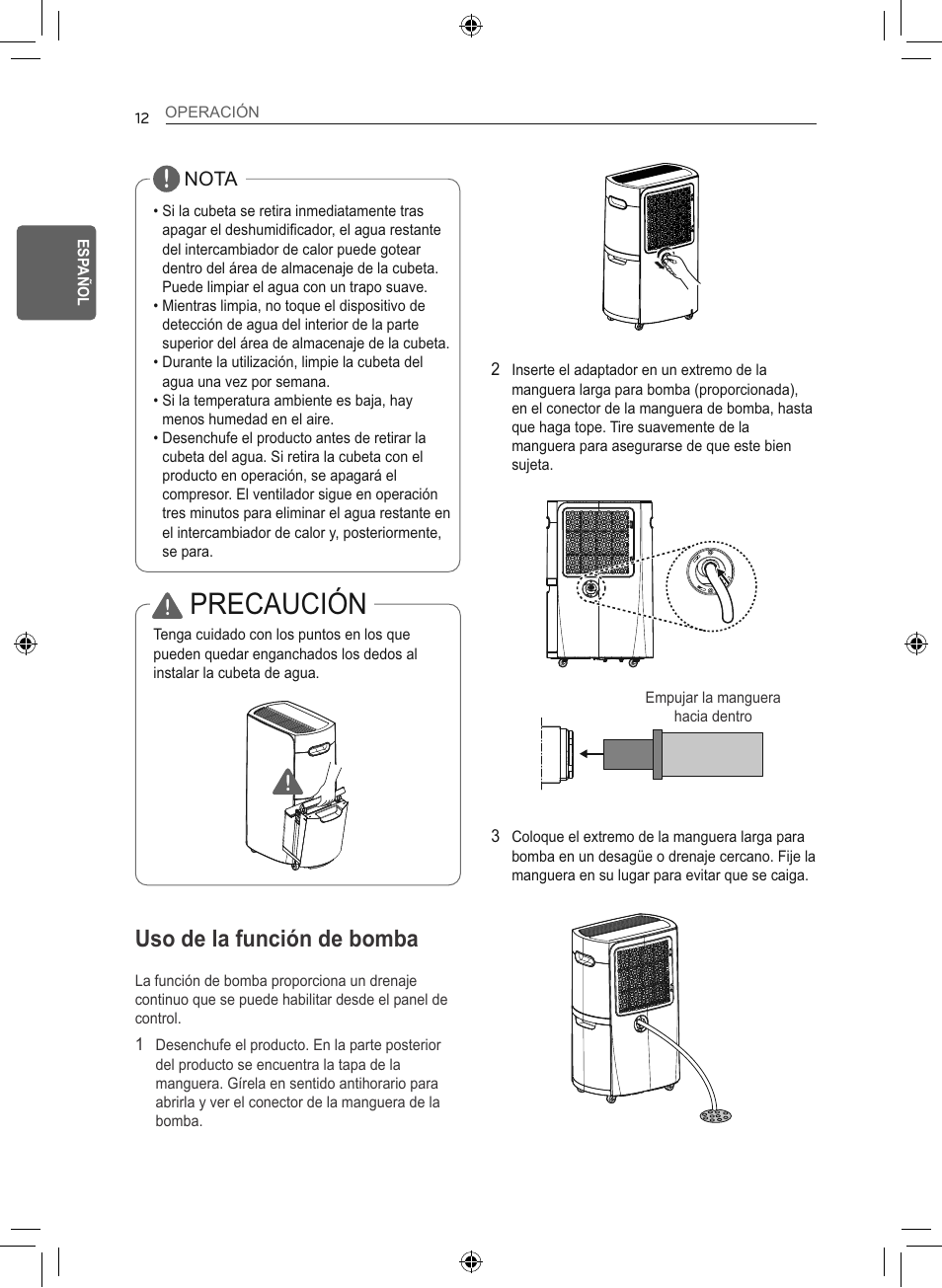 Precaución, Uso de la función de bomba | LG 50 Pint Smart Dehumidifier  Owner's Manual User Manual | Page 41 / 79