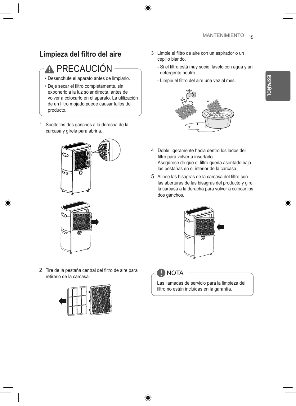 Precaución, Limpieza del filtro del aire | LG 50 Pint Smart Dehumidifier  Owner's Manual User Manual | Page 44 / 79