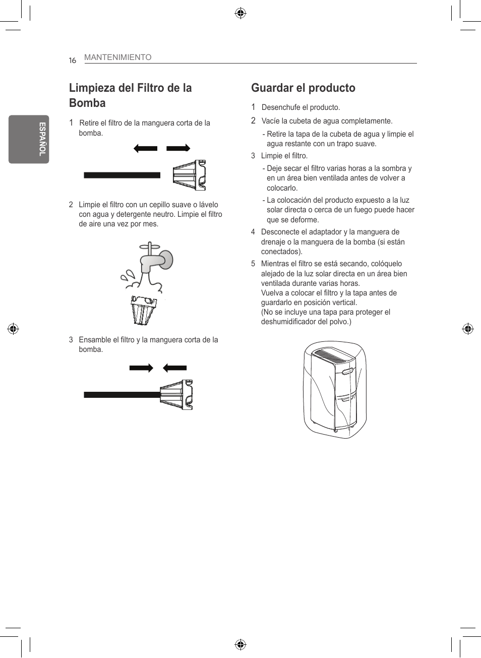 Guardar el producto, Limpieza del filtro de la bomba | LG 50 Pint Smart Dehumidifier  Owner's Manual User Manual | Page 45 / 79