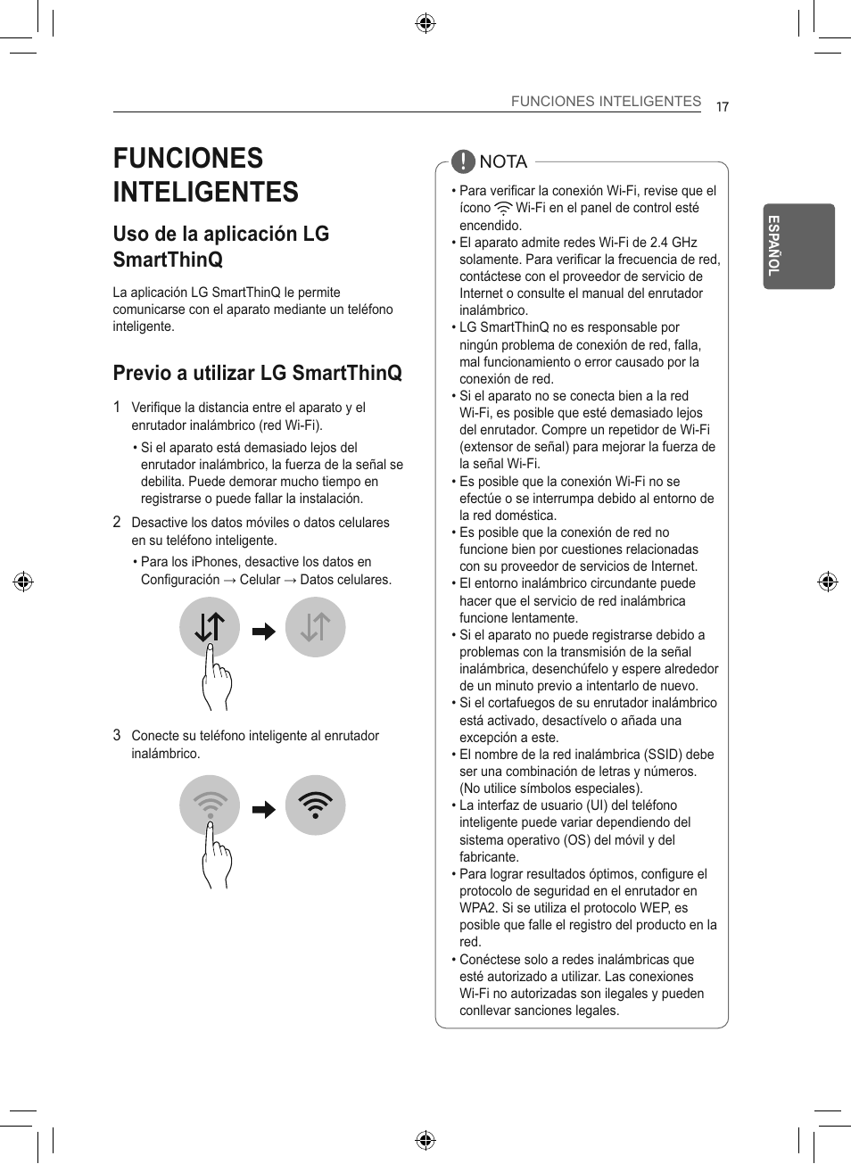 Funciones inteligentes, Uso de la aplicación lg smartthinq, Previo a utilizar lg smartthinq | LG 50 Pint Smart Dehumidifier  Owner's Manual User Manual | Page 46 / 79