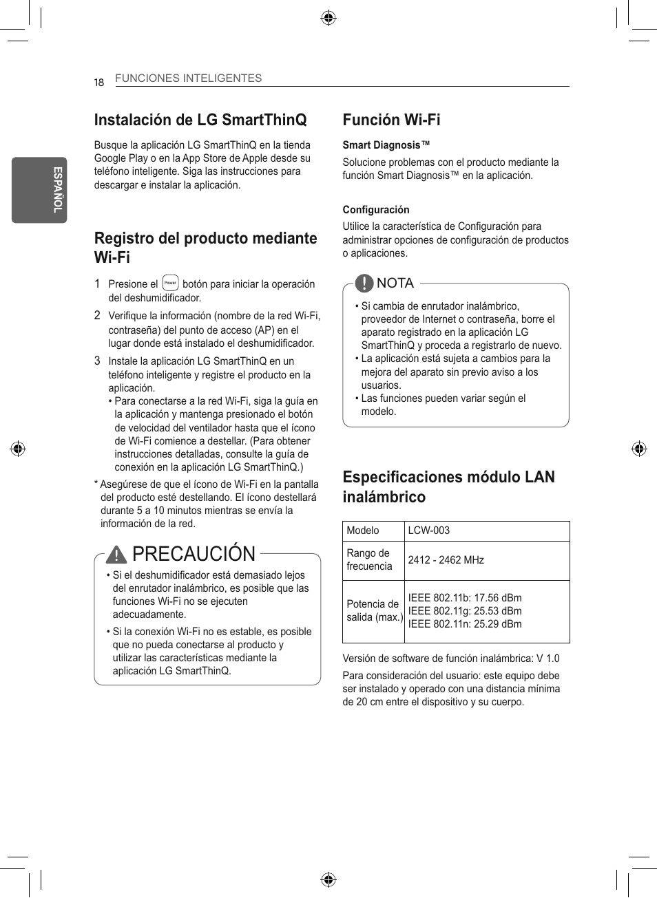Precaución, Instalación de lg smartthinq, Registro del producto mediante wi-fi | Función wi-fi, Especificaciones módulo lan inalámbrico | LG 50 Pint Smart Dehumidifier  Owner's Manual User Manual | Page 47 / 79