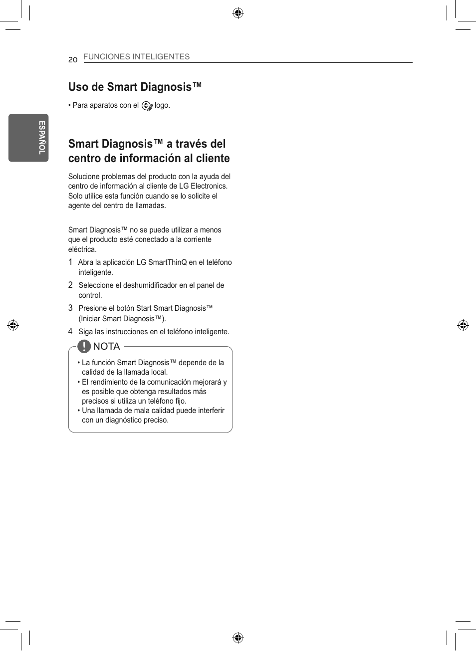 Uso de smart diagnosis | LG 50 Pint Smart Dehumidifier  Owner's Manual User Manual | Page 49 / 79