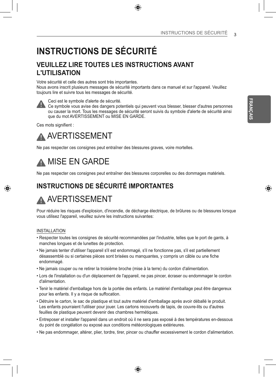 Instructions de sécurité, Avertissement, Mise en garde | Instructions de sécurité importantes | LG 50 Pint Smart Dehumidifier  Owner's Manual User Manual | Page 56 / 79