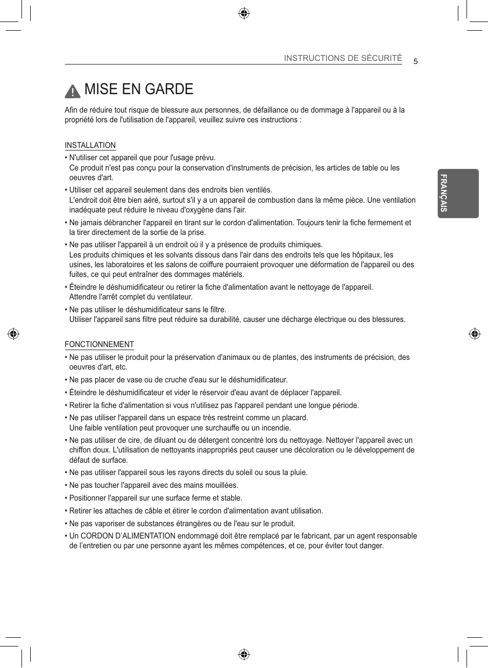 Mise en garde | LG 50 Pint Smart Dehumidifier  Owner's Manual User Manual | Page 58 / 79