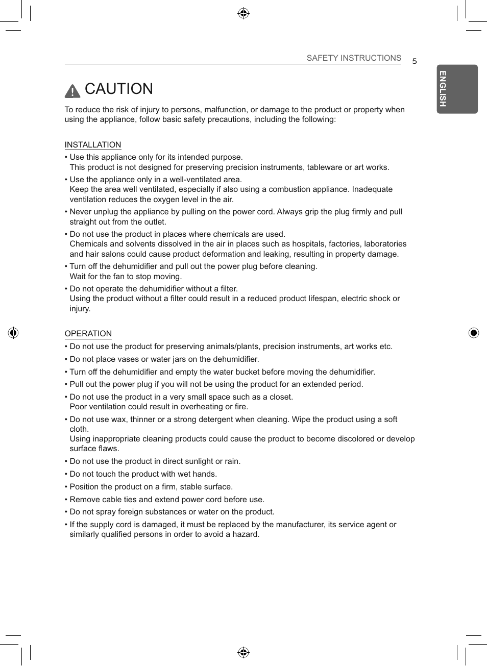 Caution | LG 50 Pint Smart Dehumidifier  Owner's Manual User Manual | Page 6 / 79