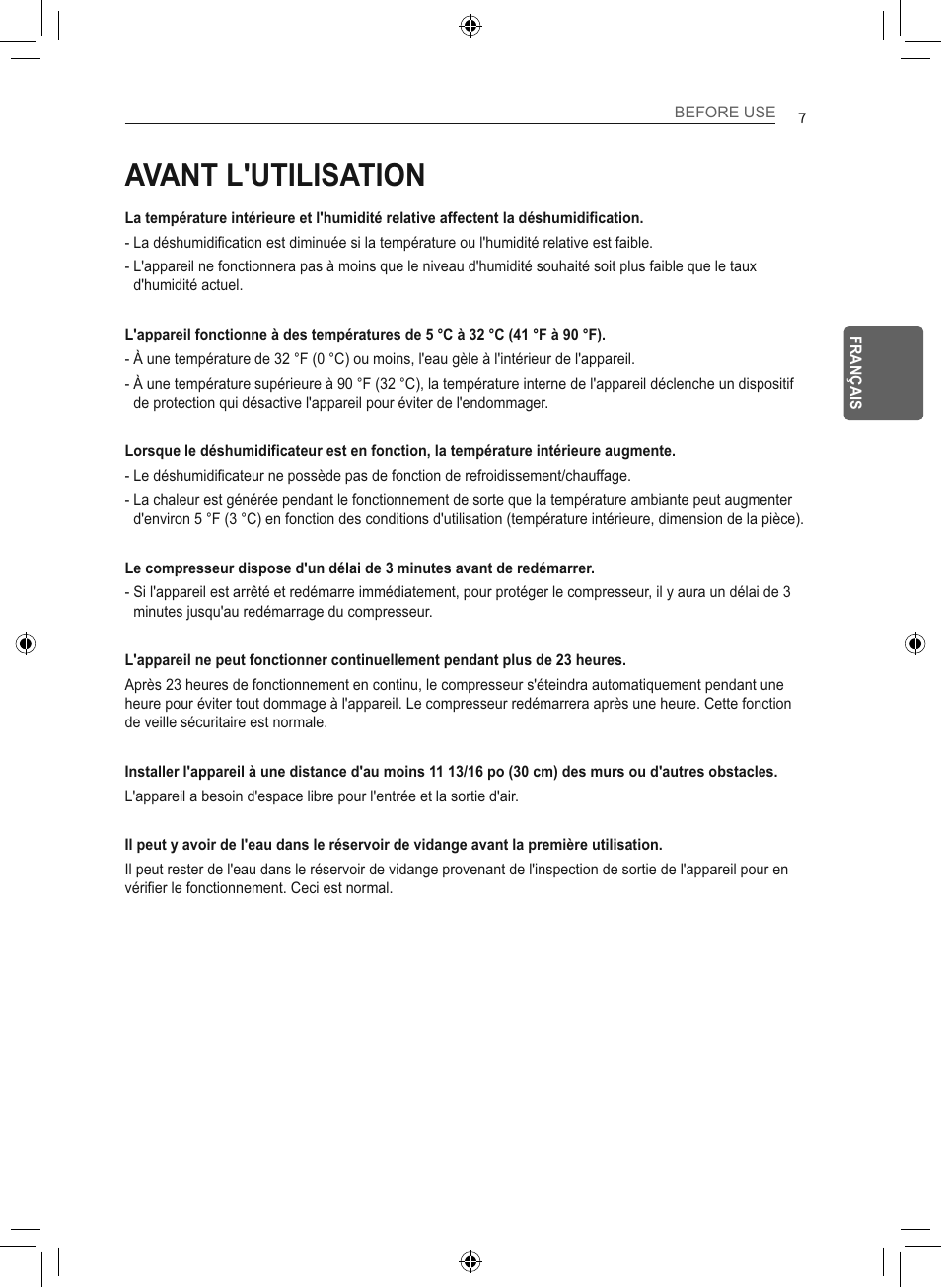 Avant l'utilisation | LG 50 Pint Smart Dehumidifier  Owner's Manual User Manual | Page 60 / 79