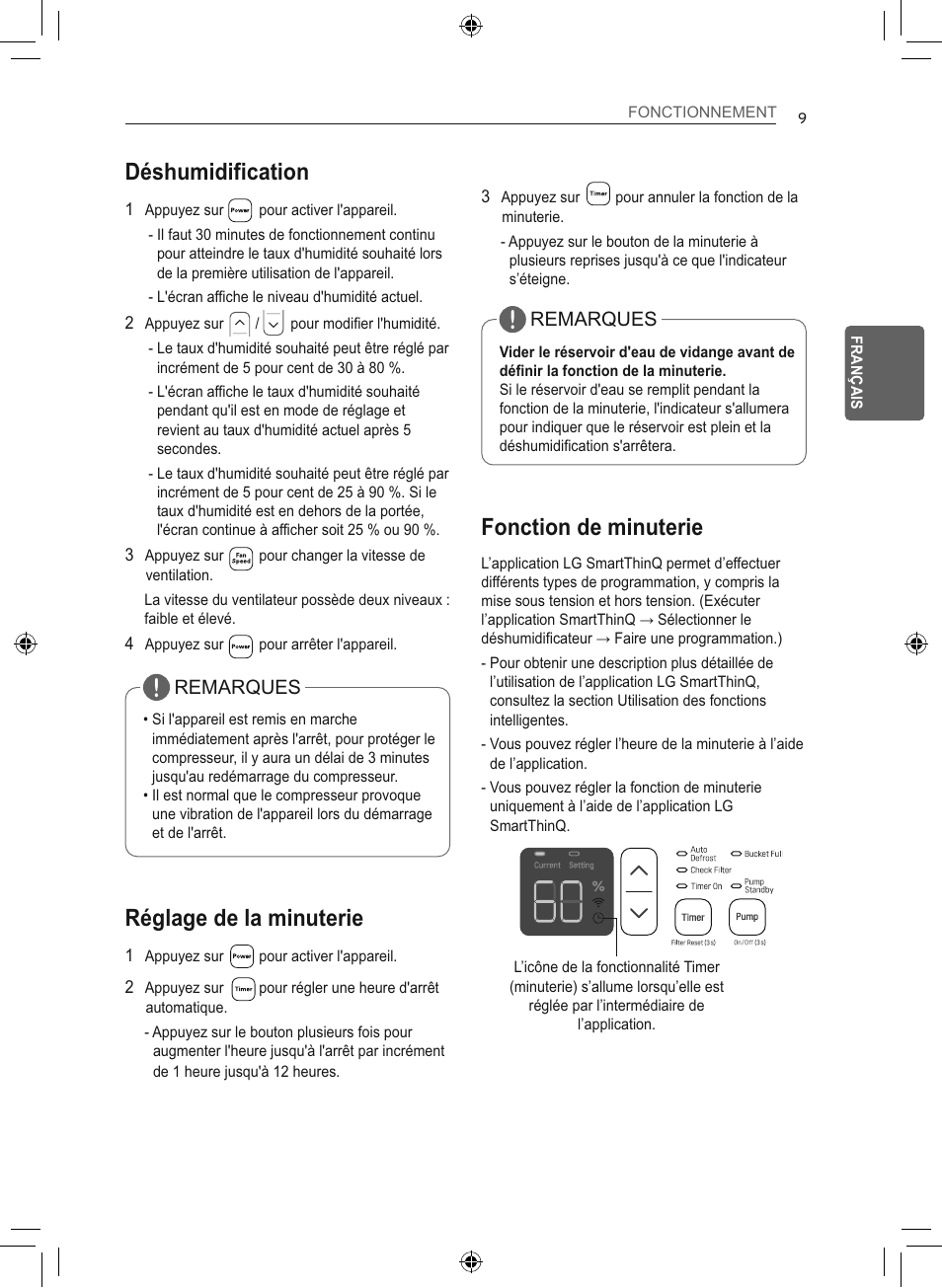 Déshumidification, Réglage de la minuterie, Fonction de minuterie | LG 50 Pint Smart Dehumidifier  Owner's Manual User Manual | Page 62 / 79