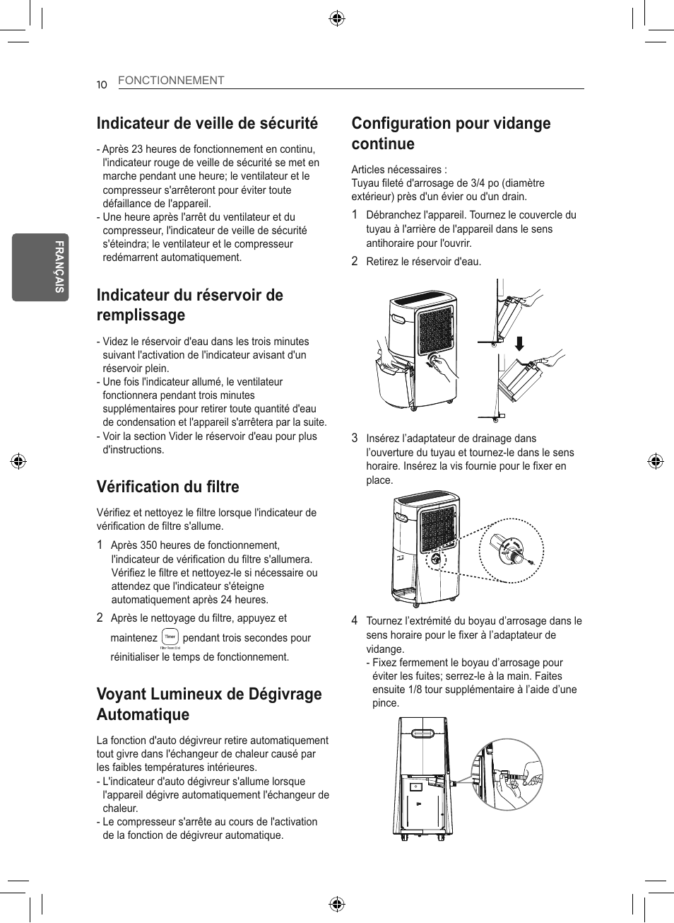 Indicateur de veille de sécurité, Indicateur du réservoir de remplissage, Vérification du filtre | Voyant lumineux de dégivrage automatique, Configuration pour vidange continue | LG 50 Pint Smart Dehumidifier  Owner's Manual User Manual | Page 63 / 79