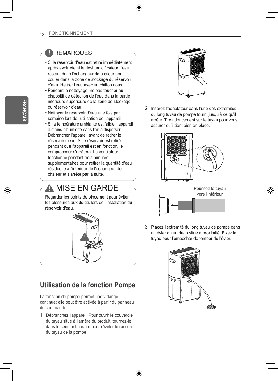 Mise en garde, Utilisation de la fonction pompe | LG 50 Pint Smart Dehumidifier  Owner's Manual User Manual | Page 65 / 79
