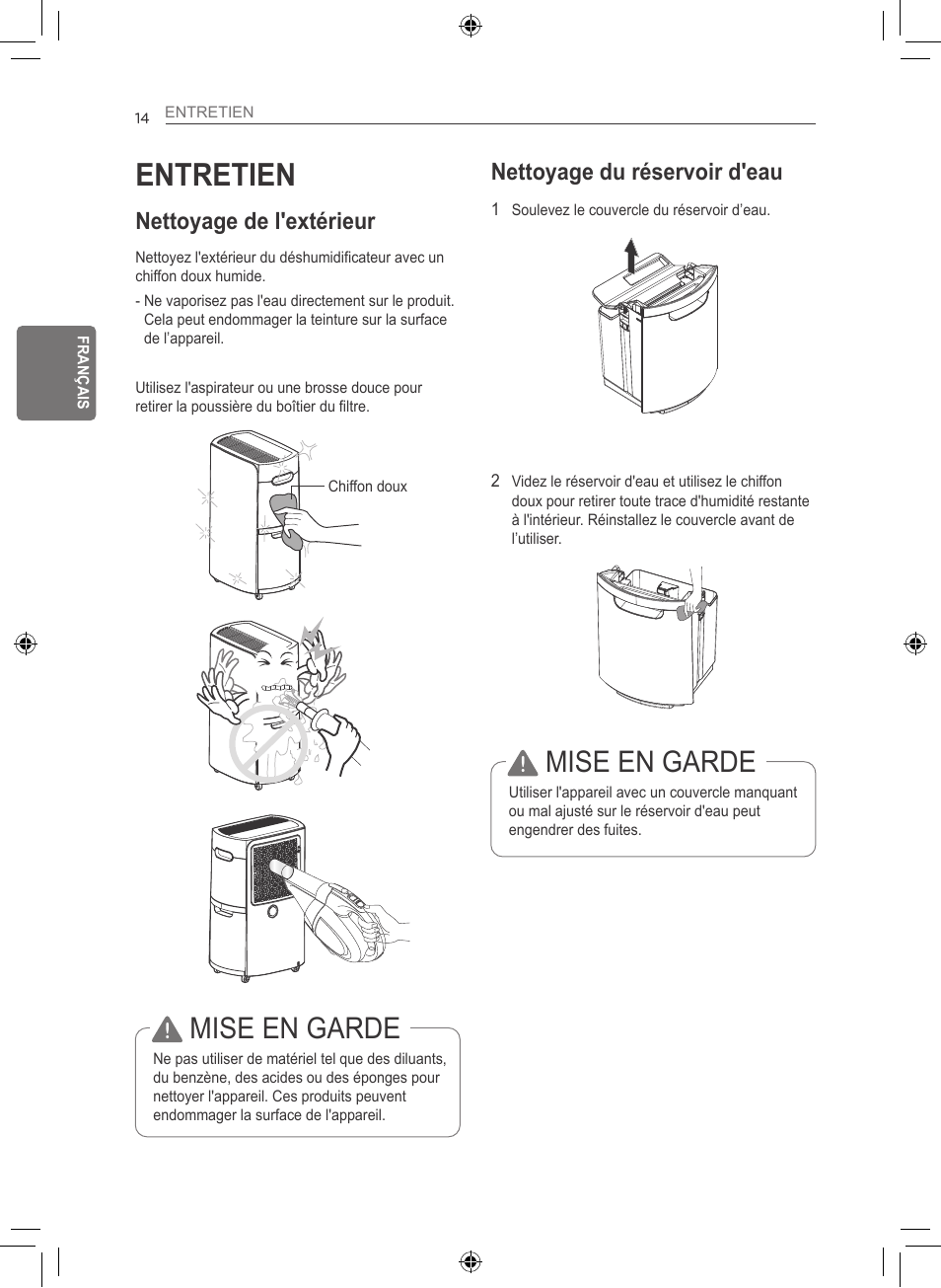 Entretien, Mise en garde, Nettoyage de l'extérieur | Nettoyage du réservoir d'eau | LG 50 Pint Smart Dehumidifier  Owner's Manual User Manual | Page 67 / 79