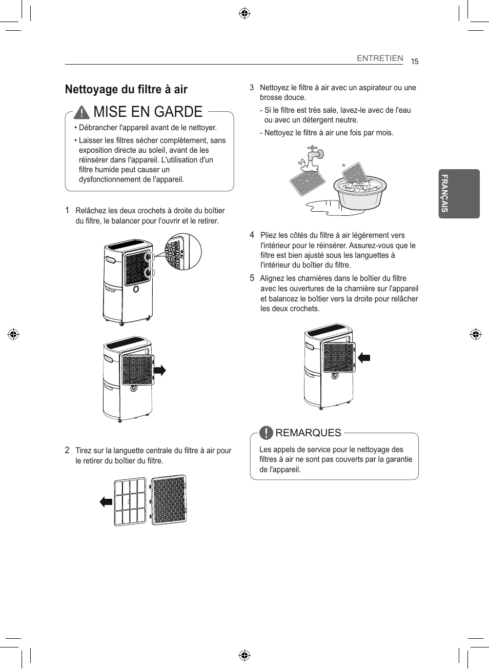 Mise en garde, Nettoyage du filtre à air | LG 50 Pint Smart Dehumidifier  Owner's Manual User Manual | Page 68 / 79