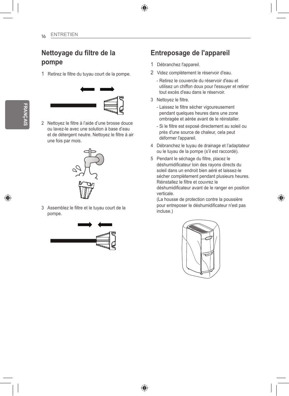 Entreposage de l'appareil, Nettoyage du filtre de la pompe | LG 50 Pint Smart Dehumidifier  Owner's Manual User Manual | Page 69 / 79