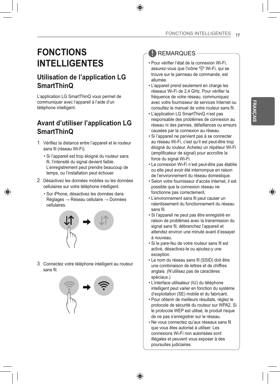 Fonctions intelligentes, Utilisation de l’application lg smartthinq, Avant d’utiliser l’application lg smartthinq | LG 50 Pint Smart Dehumidifier  Owner's Manual User Manual | Page 70 / 79