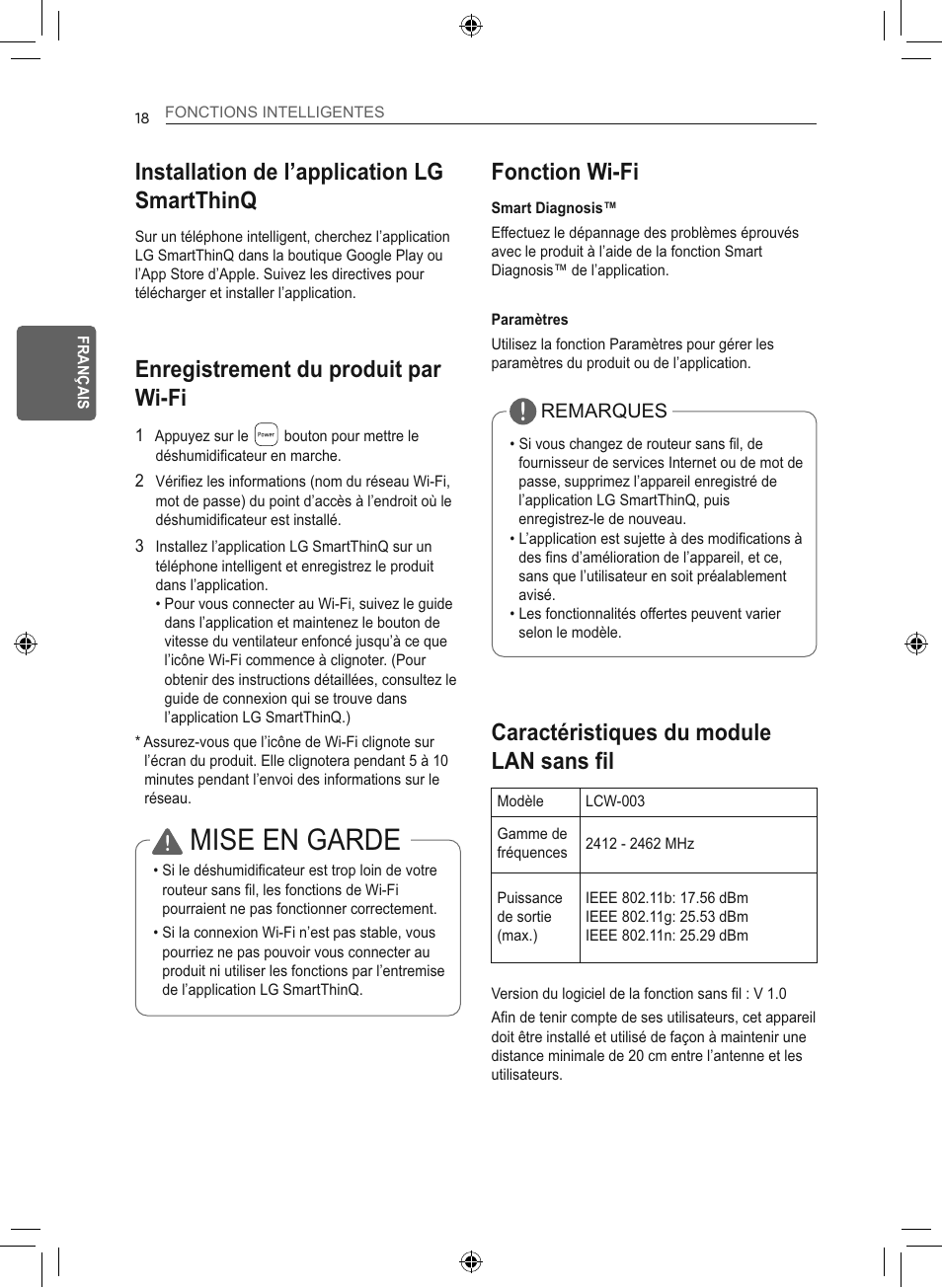 Mise en garde, Installation de l’application lg smartthinq, Enregistrement du produit par wi-fi | Fonction wi-fi, Caractéristiques du module lan sans fil | LG 50 Pint Smart Dehumidifier  Owner's Manual User Manual | Page 71 / 79