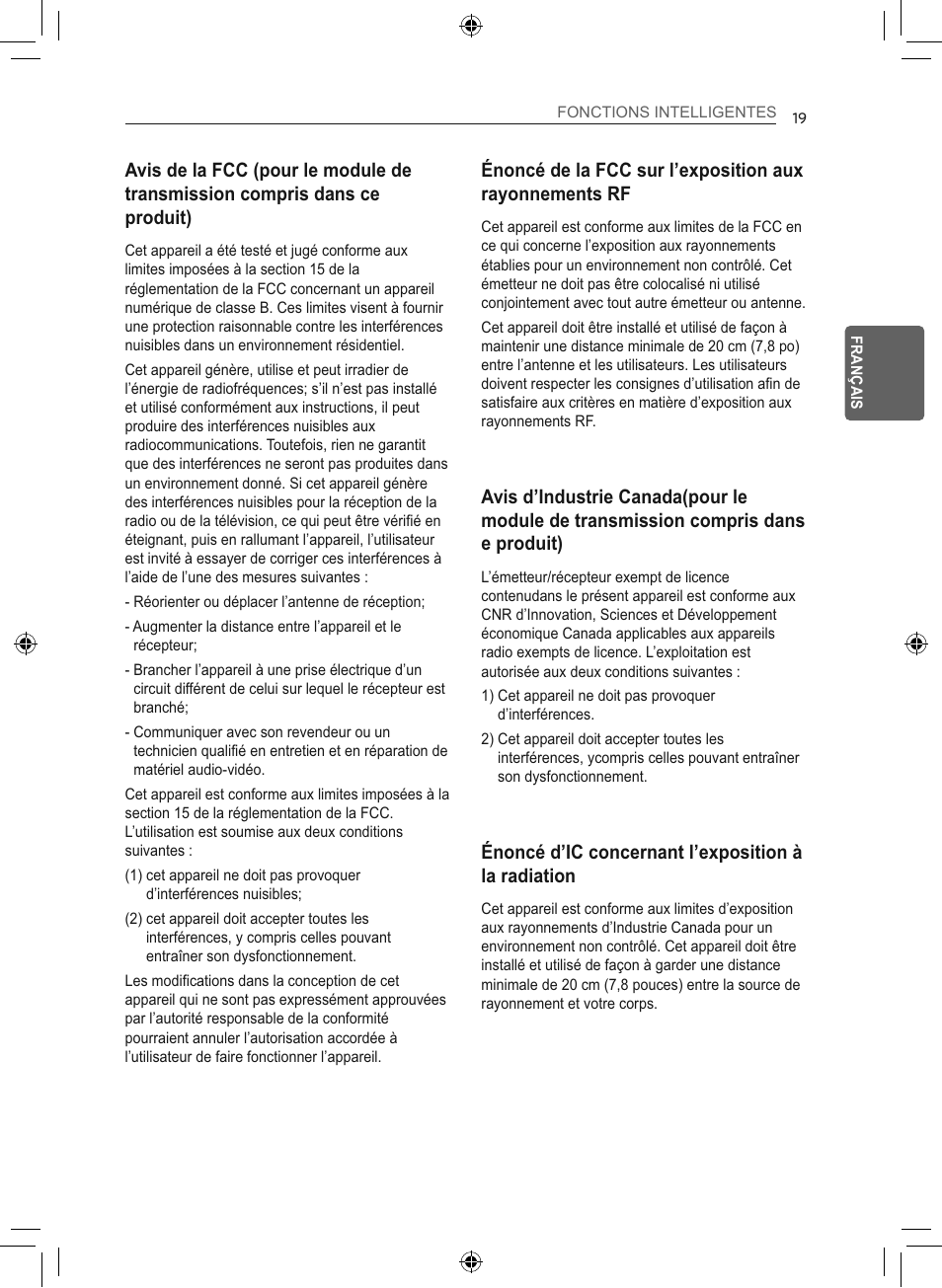 Énoncé d’ic concernant l’exposition à la radiation | LG 50 Pint Smart Dehumidifier  Owner's Manual User Manual | Page 72 / 79