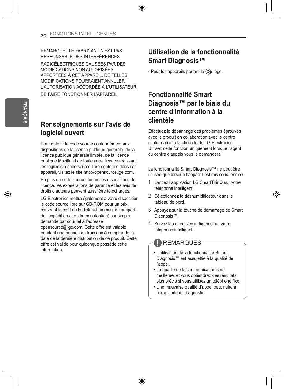 Utilisation de la fonctionnalité smart diagnosis, Renseignements sur l'avis de logiciel ouvert | LG 50 Pint Smart Dehumidifier  Owner's Manual User Manual | Page 73 / 79