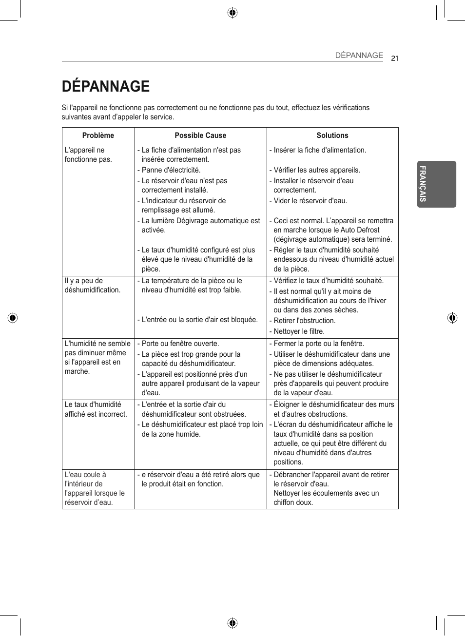 Dépannage | LG 50 Pint Smart Dehumidifier  Owner's Manual User Manual | Page 74 / 79