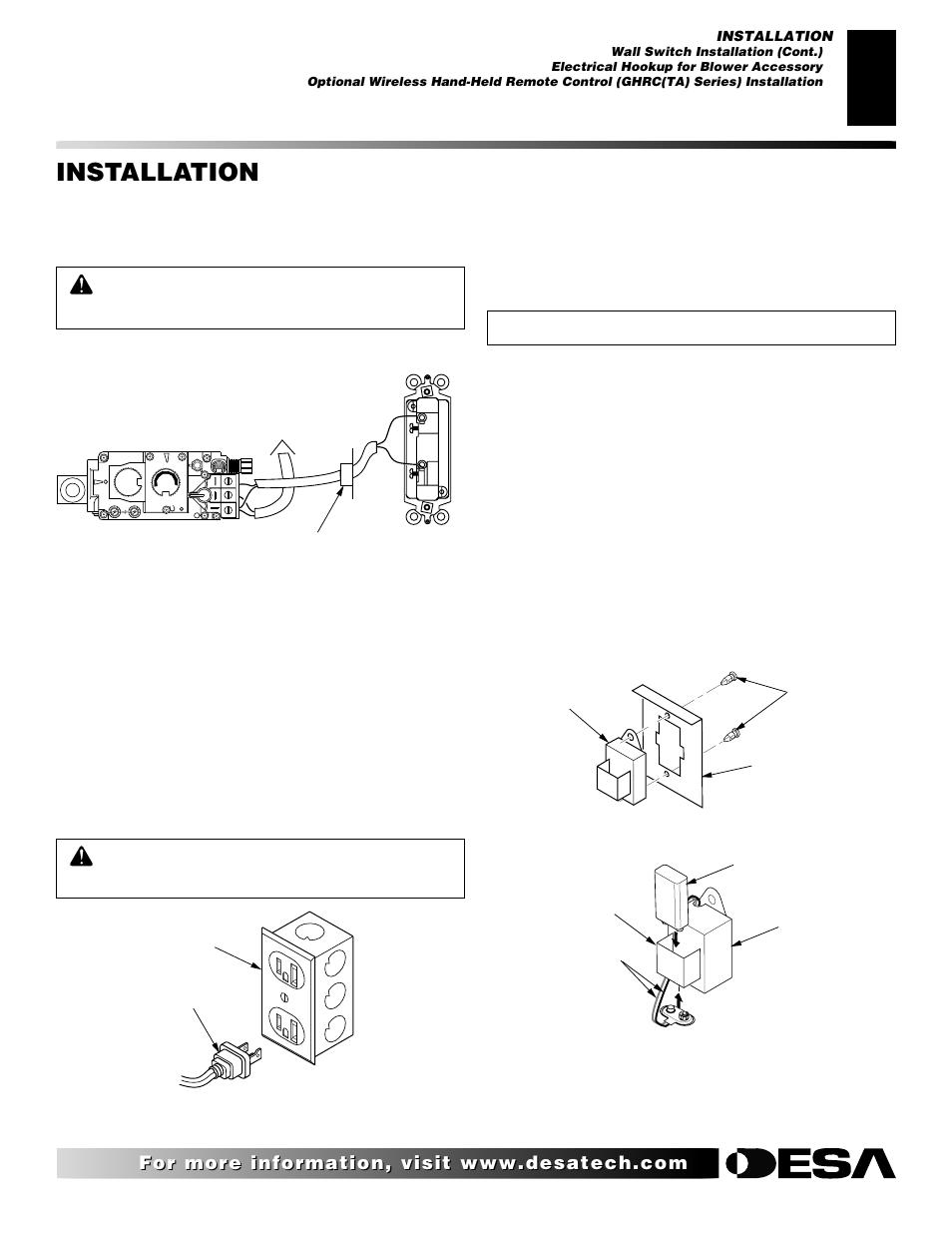 Installation, Continued, Electrical hookup for blower accessory | Installing receiver | Desa VDVF36PN/PP User Manual | Page 17 / 34