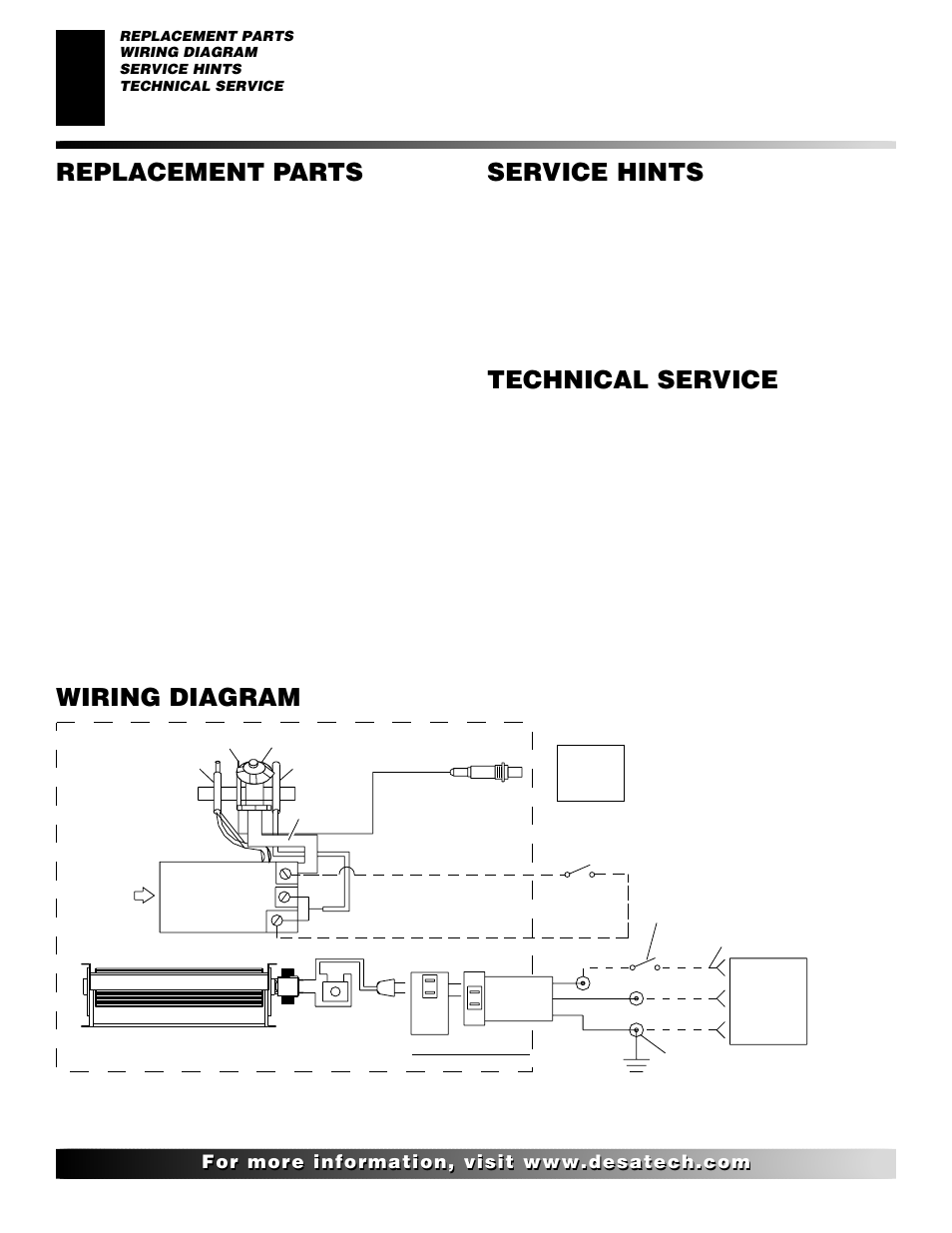 Wiring diagram, Technical service, Service hints | Replacement parts | Desa VDVF36PN/PP User Manual | Page 24 / 34