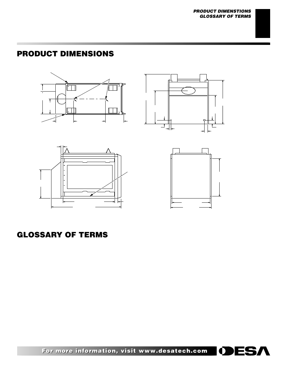 Glossary of terms, Product dimensions, Continued | Front view, Right side, Back view, Top view | Desa VDVF36PN/PP User Manual | Page 3 / 34