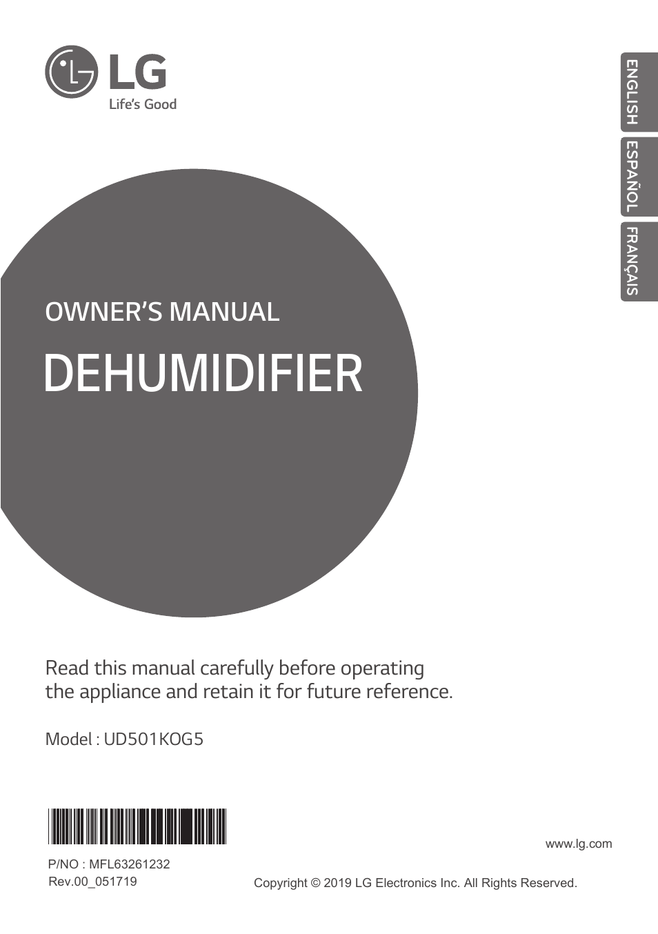 LG 50 Pint Dehumidifier  Owner Manual User Manual | 57 pages