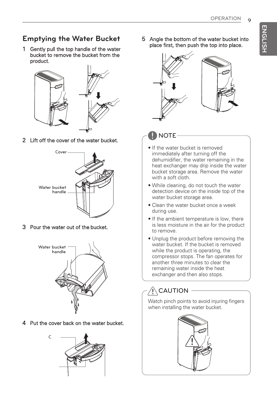 Emptying the water bucket | LG 50 Pint Dehumidifier  Owner Manual User Manual | Page 11 / 57