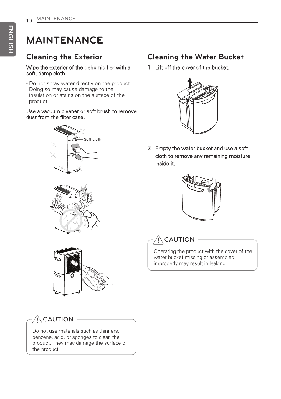 Maintenance, Cleaning the exterior, Cleaning the water bucket | LG 50 Pint Dehumidifier  Owner Manual User Manual | Page 12 / 57