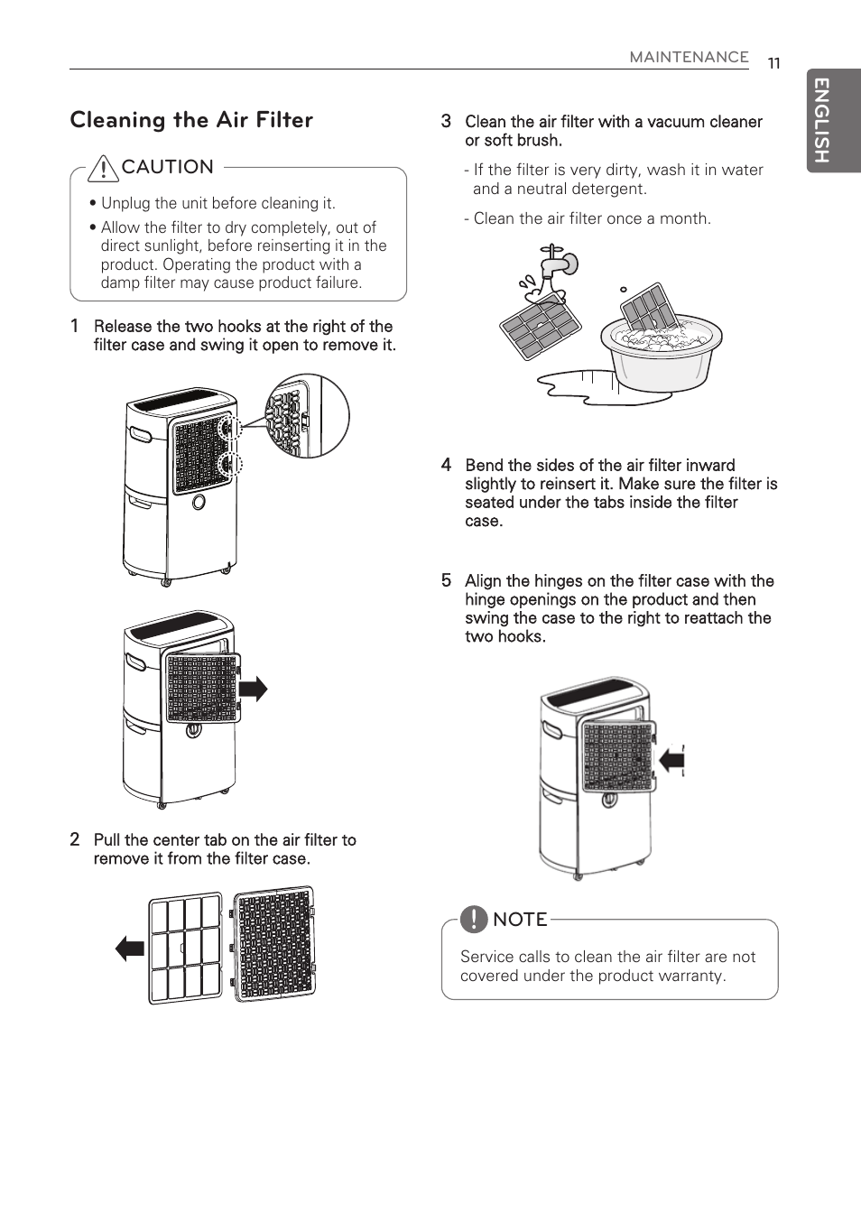 Cleaning the air filter | LG 50 Pint Dehumidifier  Owner Manual User Manual | Page 13 / 57