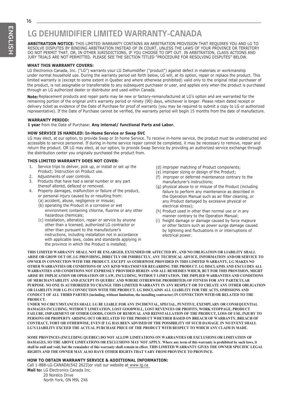 Lg dehumidifier limited warranty-canada, English | LG 50 Pint Dehumidifier  Owner Manual User Manual | Page 18 / 57