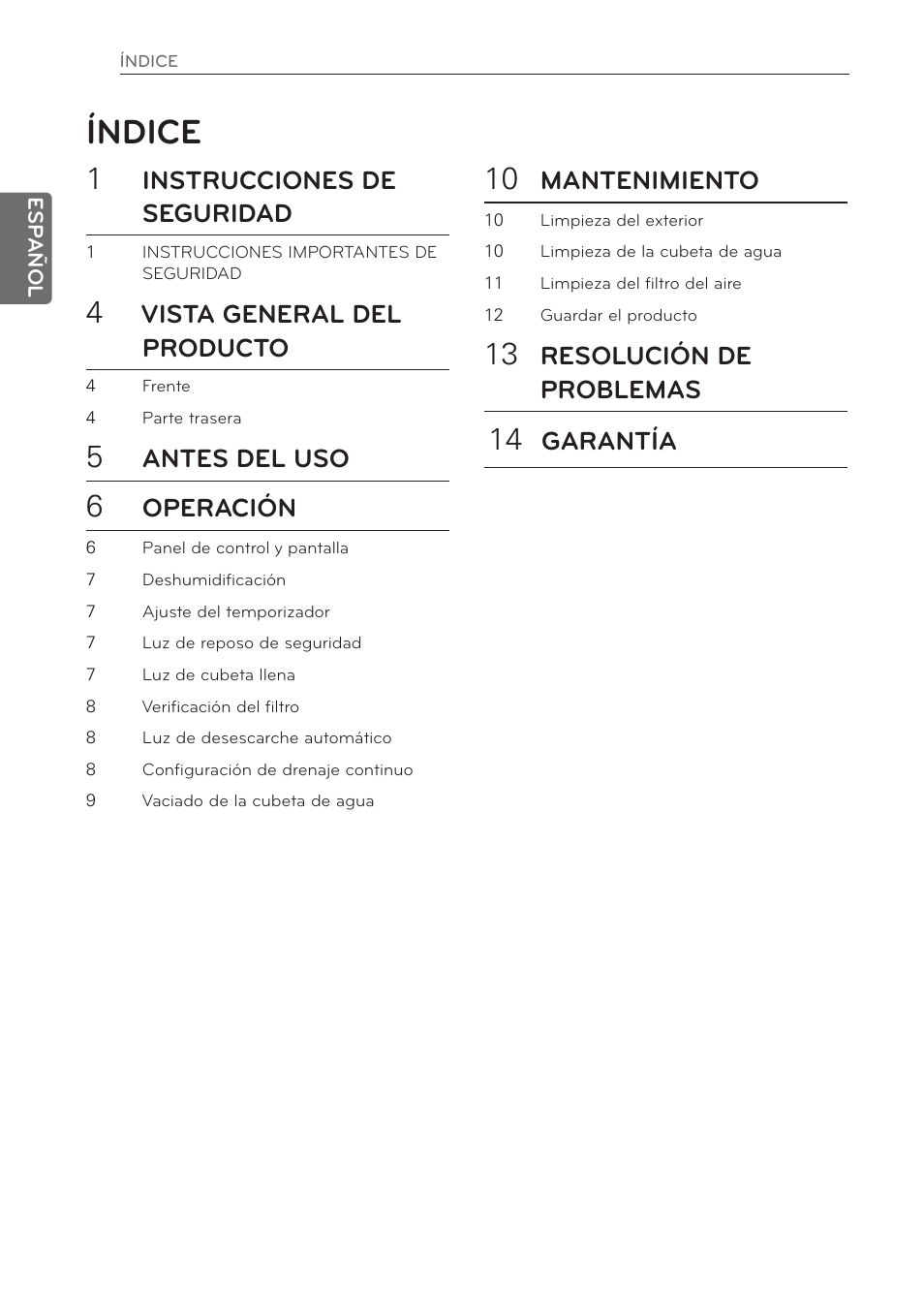 Índice, Instrucciones de seguridad, Vista general del producto | Antes del uso, Operación, Mantenimiento, Resolución de problemas, Garantía | LG 50 Pint Dehumidifier  Owner Manual User Manual | Page 22 / 57