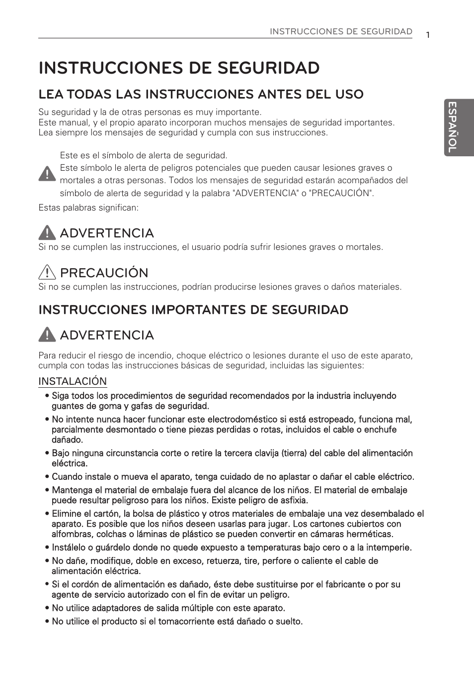 Instrucciones de seguridad, Lea todas las instrucciones antes del uso, Advertencia | Precaución, Instrucciones importantes de seguridad advertencia | LG 50 Pint Dehumidifier  Owner Manual User Manual | Page 23 / 57