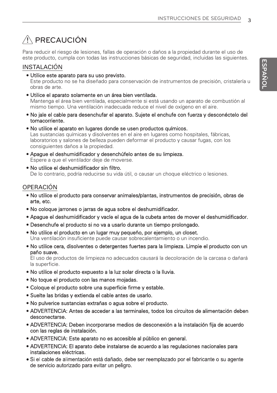 Precaución | LG 50 Pint Dehumidifier  Owner Manual User Manual | Page 25 / 57