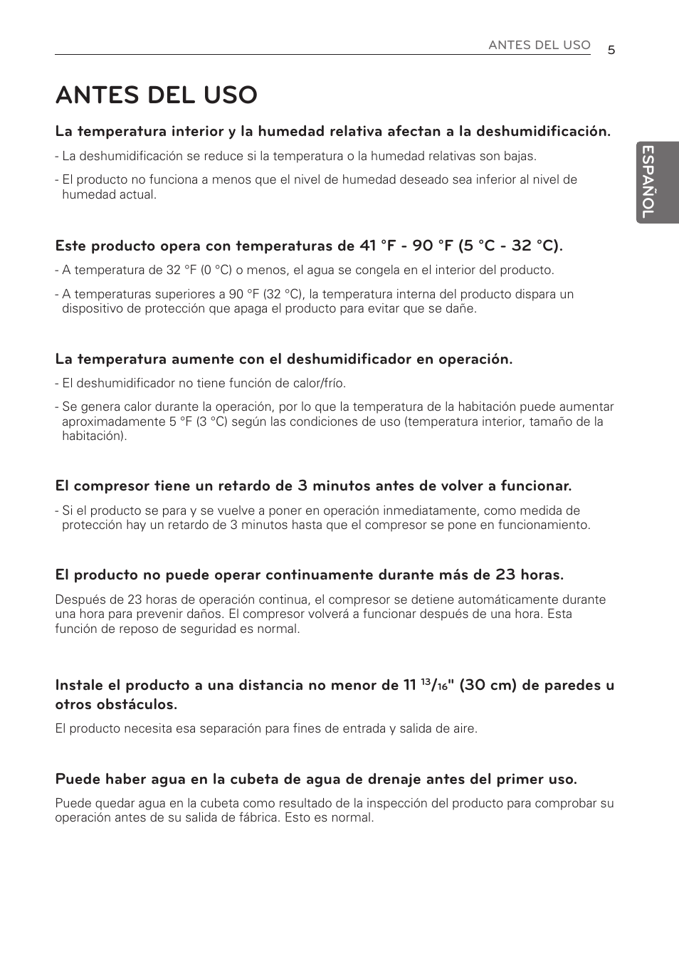 Antes del uso | LG 50 Pint Dehumidifier  Owner Manual User Manual | Page 27 / 57