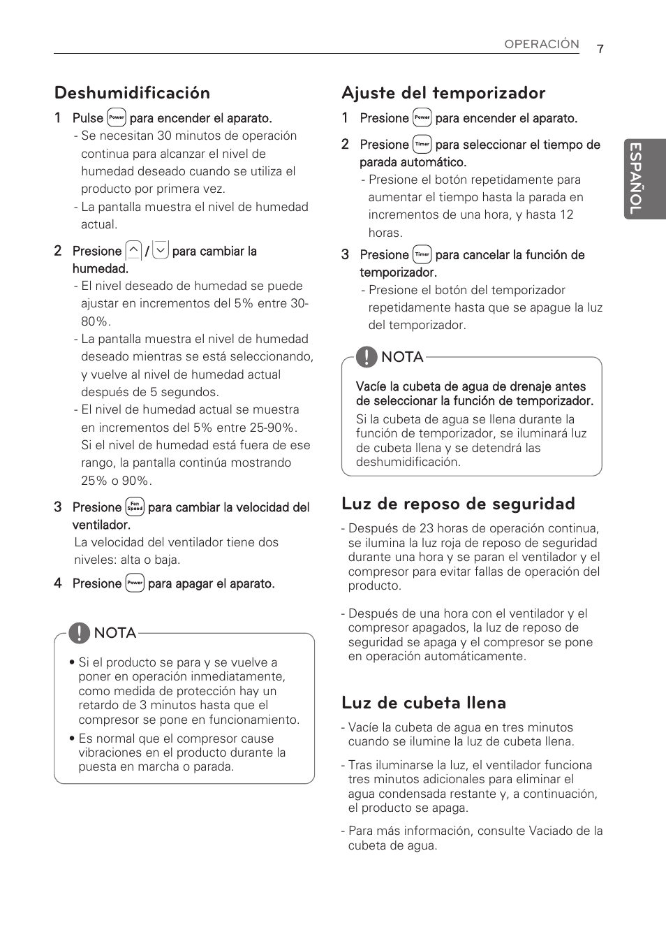 Deshumidificación, Ajuste del temporizador, Luz de reposo de seguridad | Luz de cubeta llena | LG 50 Pint Dehumidifier  Owner Manual User Manual | Page 29 / 57