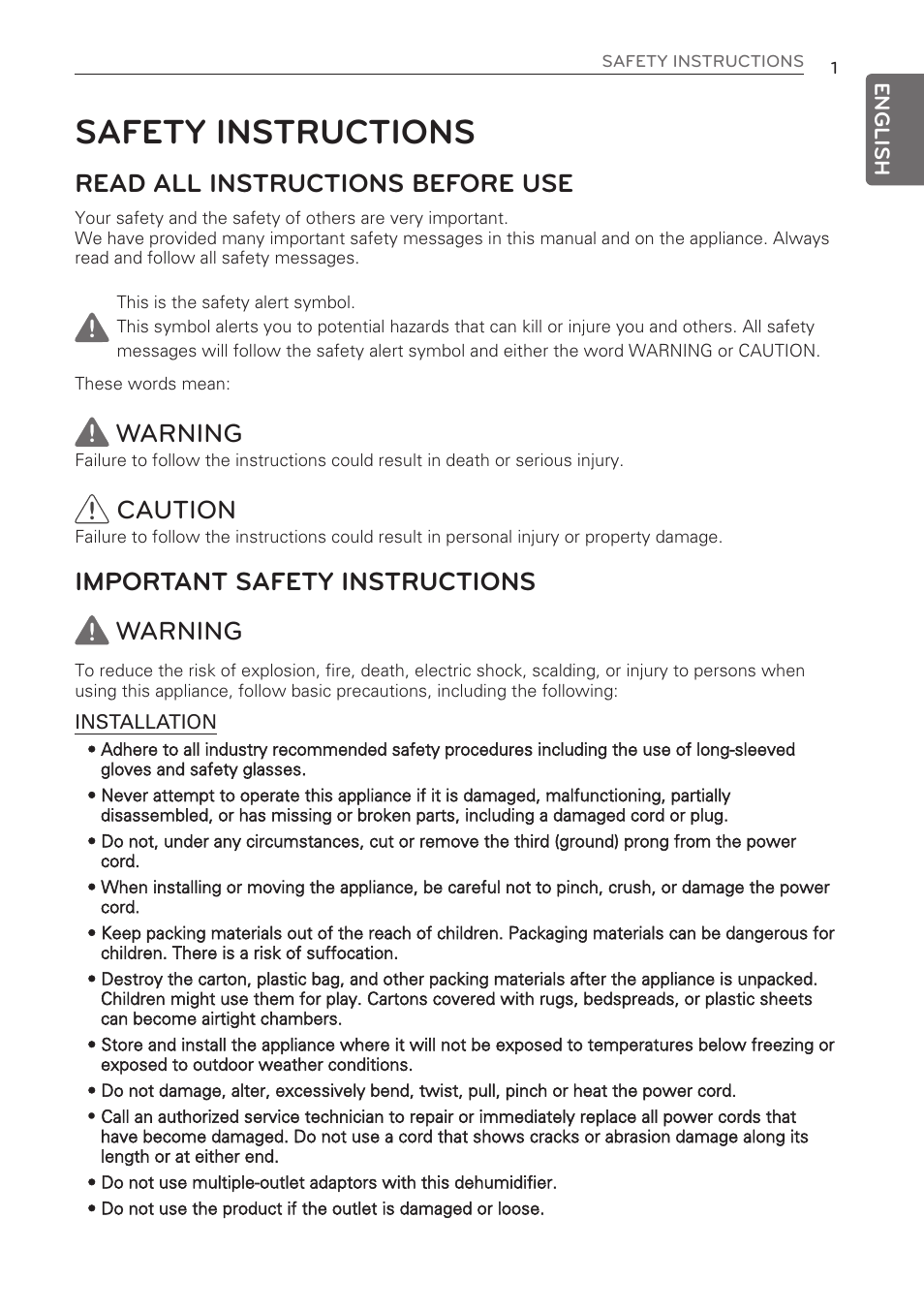 Safety instructions, Read all instructions before use, Warning | Caution, Important safety instructions warning | LG 50 Pint Dehumidifier  Owner Manual User Manual | Page 3 / 57