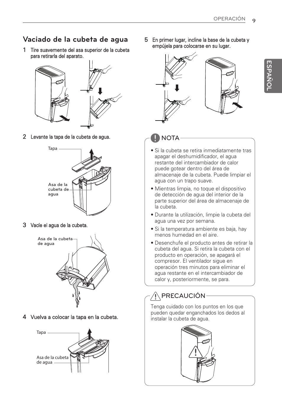 Vaciado de la cubeta de agua | LG 50 Pint Dehumidifier  Owner Manual User Manual | Page 31 / 57