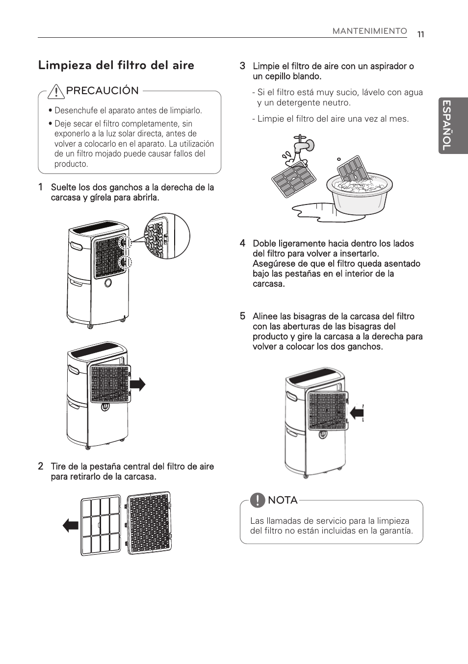 Limpieza del filtro del aire | LG 50 Pint Dehumidifier  Owner Manual User Manual | Page 33 / 57