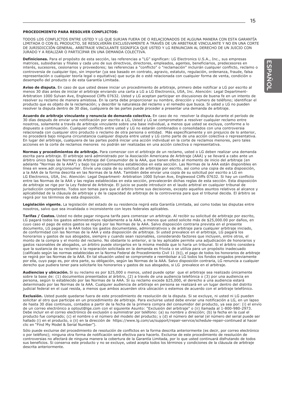 Esp añol | LG 50 Pint Dehumidifier  Owner Manual User Manual | Page 37 / 57