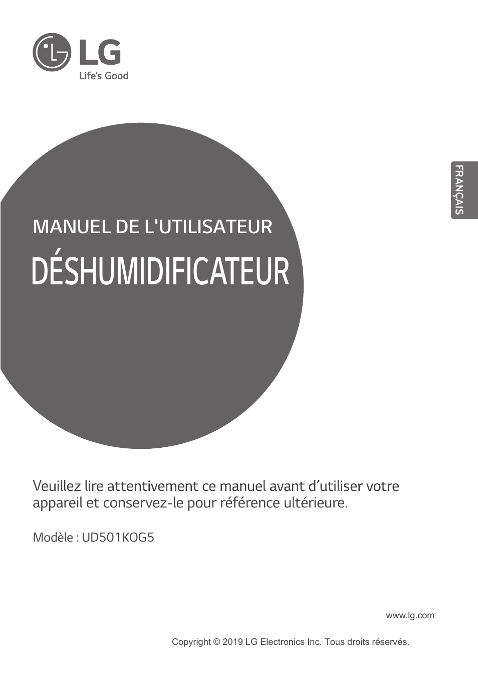 Déshumidificateur, Manuel de l'utilisateur | LG 50 Pint Dehumidifier  Owner Manual User Manual | Page 39 / 57