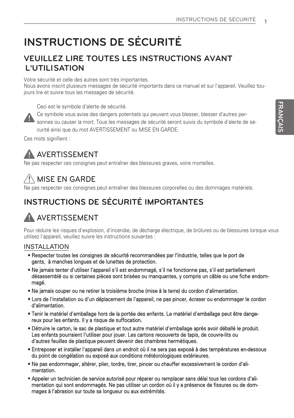 Instructions de sécurité, Veuillez lire toutes les instructions avant sation, Avertissement | Mise en garde, Instructions de sécurité importantes avertissement, L'utili | LG 50 Pint Dehumidifier  Owner Manual User Manual | Page 41 / 57