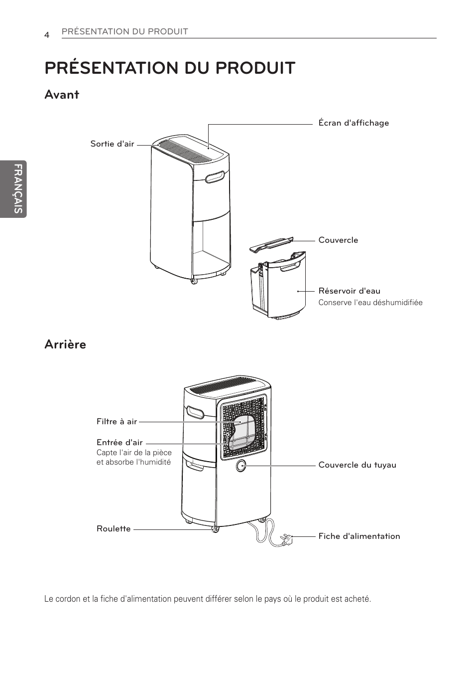 Présentation du produit, Avant arrière | LG 50 Pint Dehumidifier  Owner Manual User Manual | Page 44 / 57