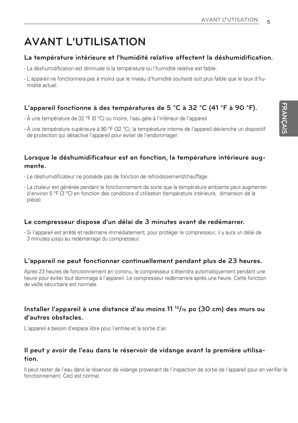 Avant l'utilisation | LG 50 Pint Dehumidifier  Owner Manual User Manual | Page 45 / 57