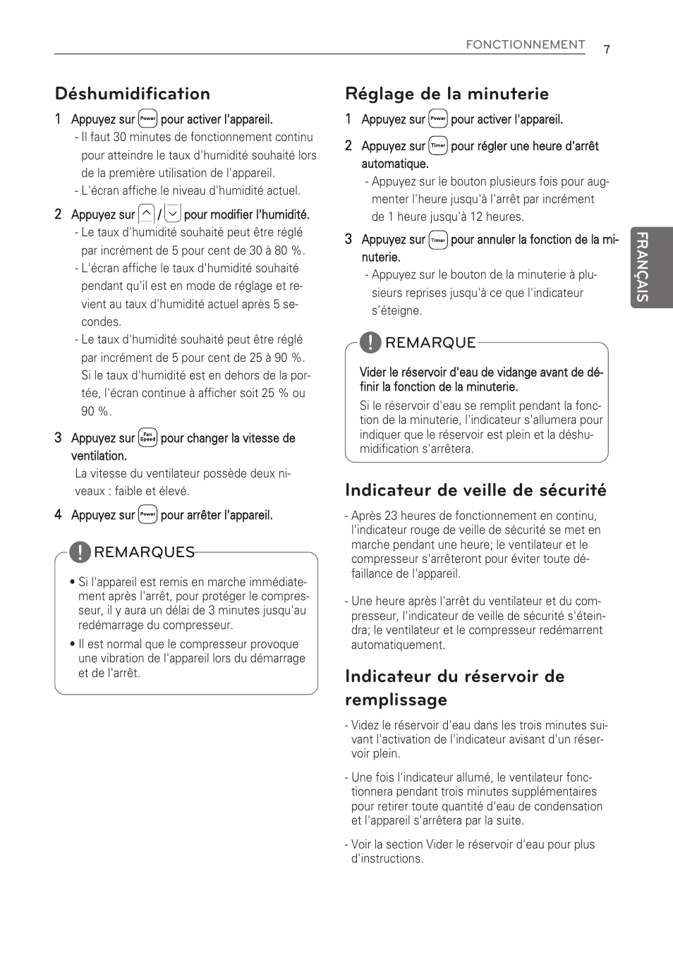 Déshumidification, Réglage de la minuterie, Indicateur de veille de sécurité | Indicateur du réservoir de remplissage | LG 50 Pint Dehumidifier  Owner Manual User Manual | Page 47 / 57