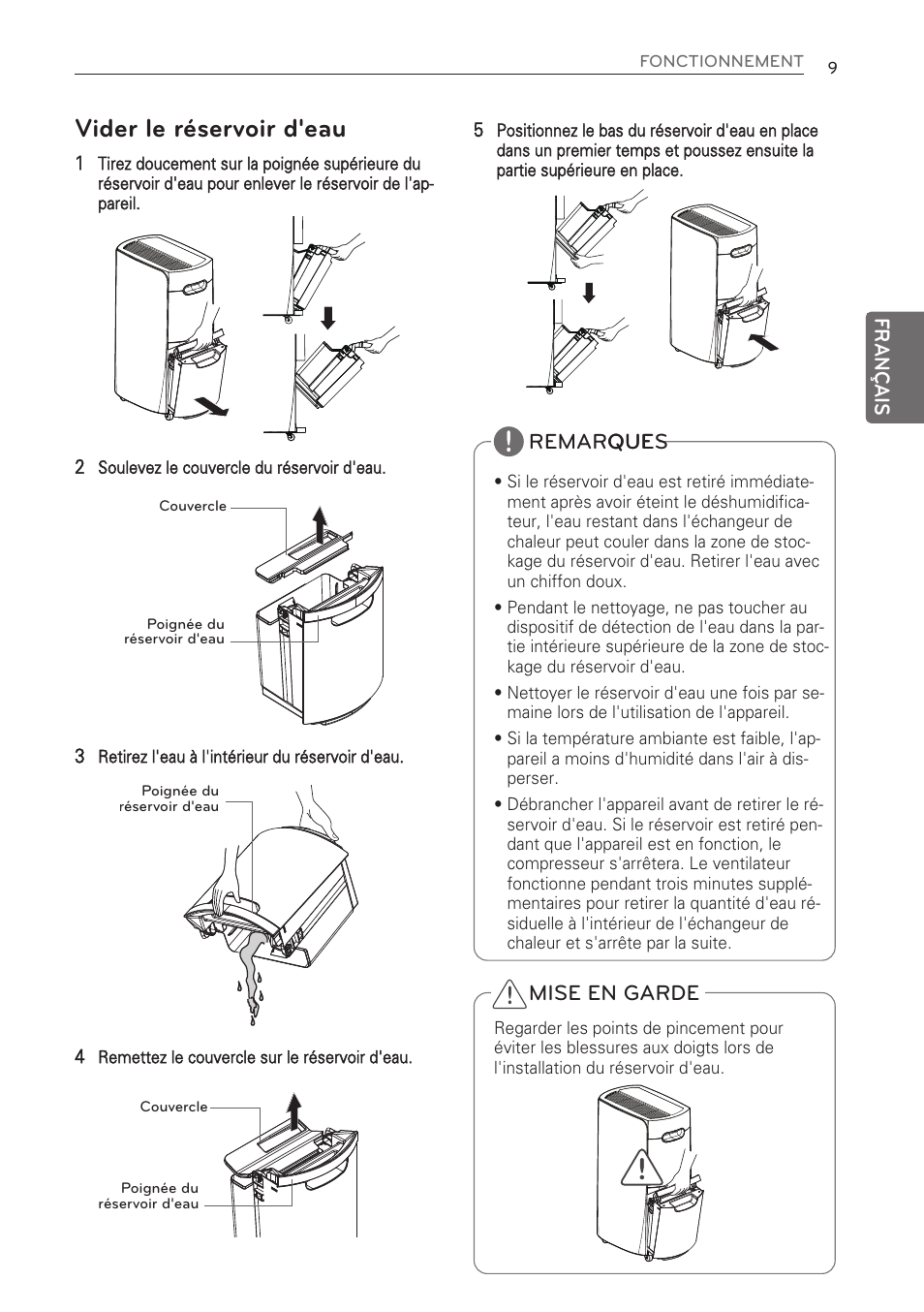 Vider le réservoir d'eau | LG 50 Pint Dehumidifier  Owner Manual User Manual | Page 49 / 57