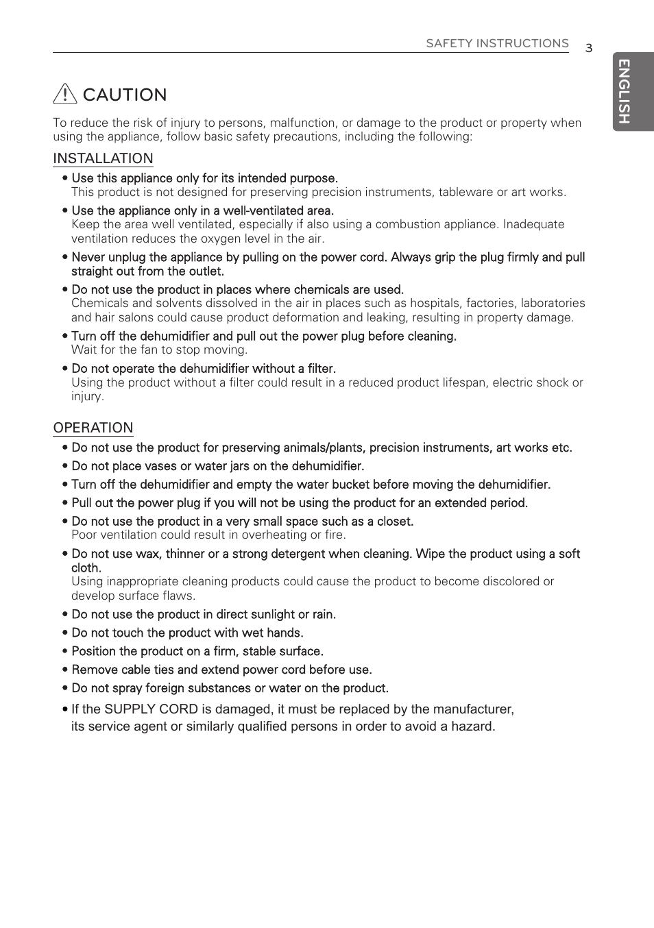 Caution | LG 50 Pint Dehumidifier  Owner Manual User Manual | Page 5 / 57