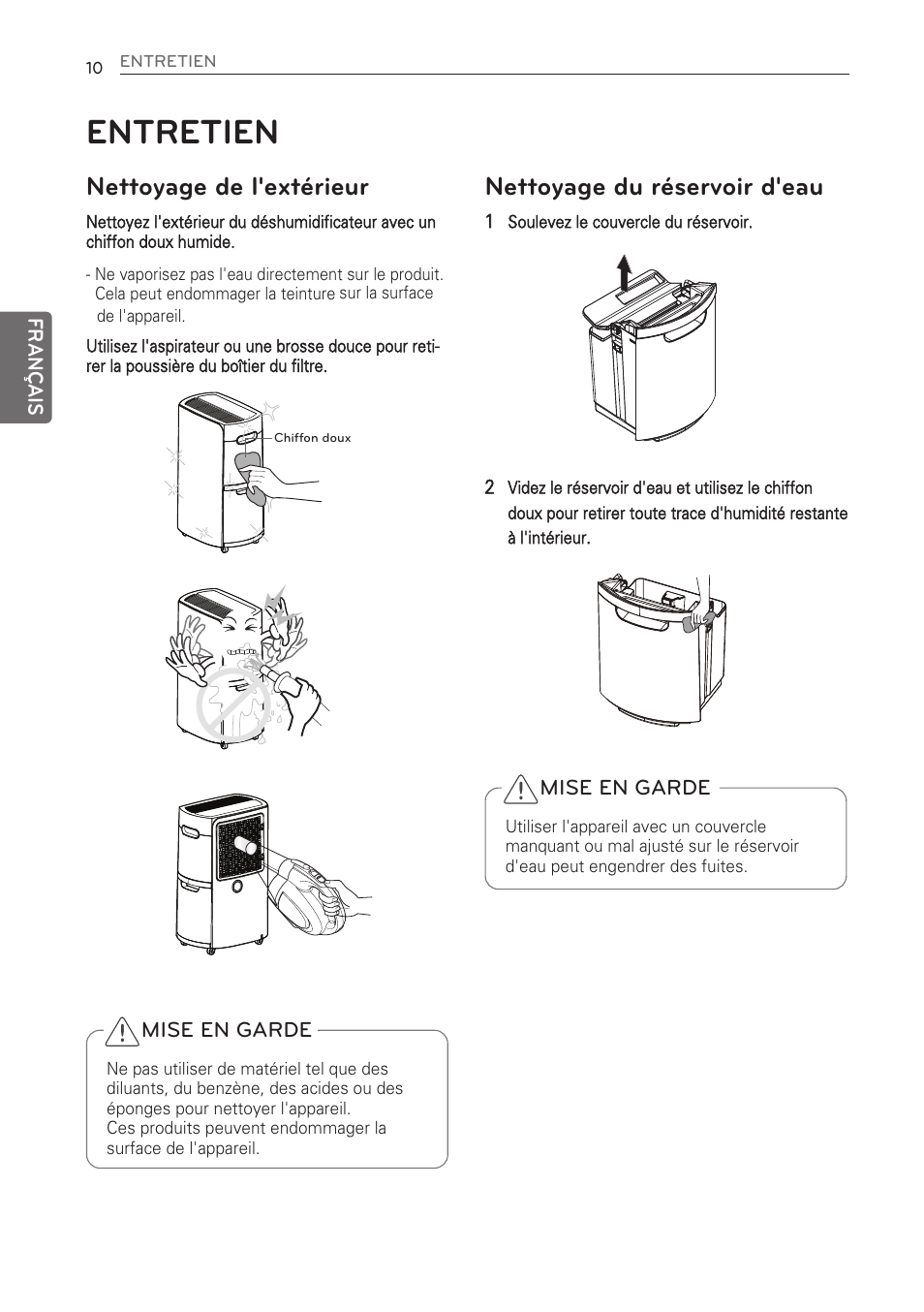 Entretien, Nettoyage de l'extérieur, Nettoyage du réservoir d'eau | LG 50 Pint Dehumidifier  Owner Manual User Manual | Page 50 / 57