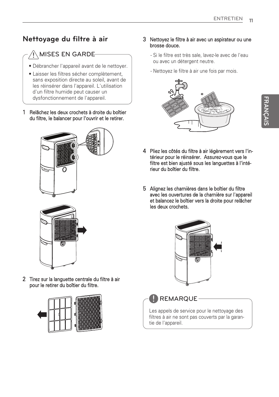 Nettoyage du filtre à air | LG 50 Pint Dehumidifier  Owner Manual User Manual | Page 51 / 57