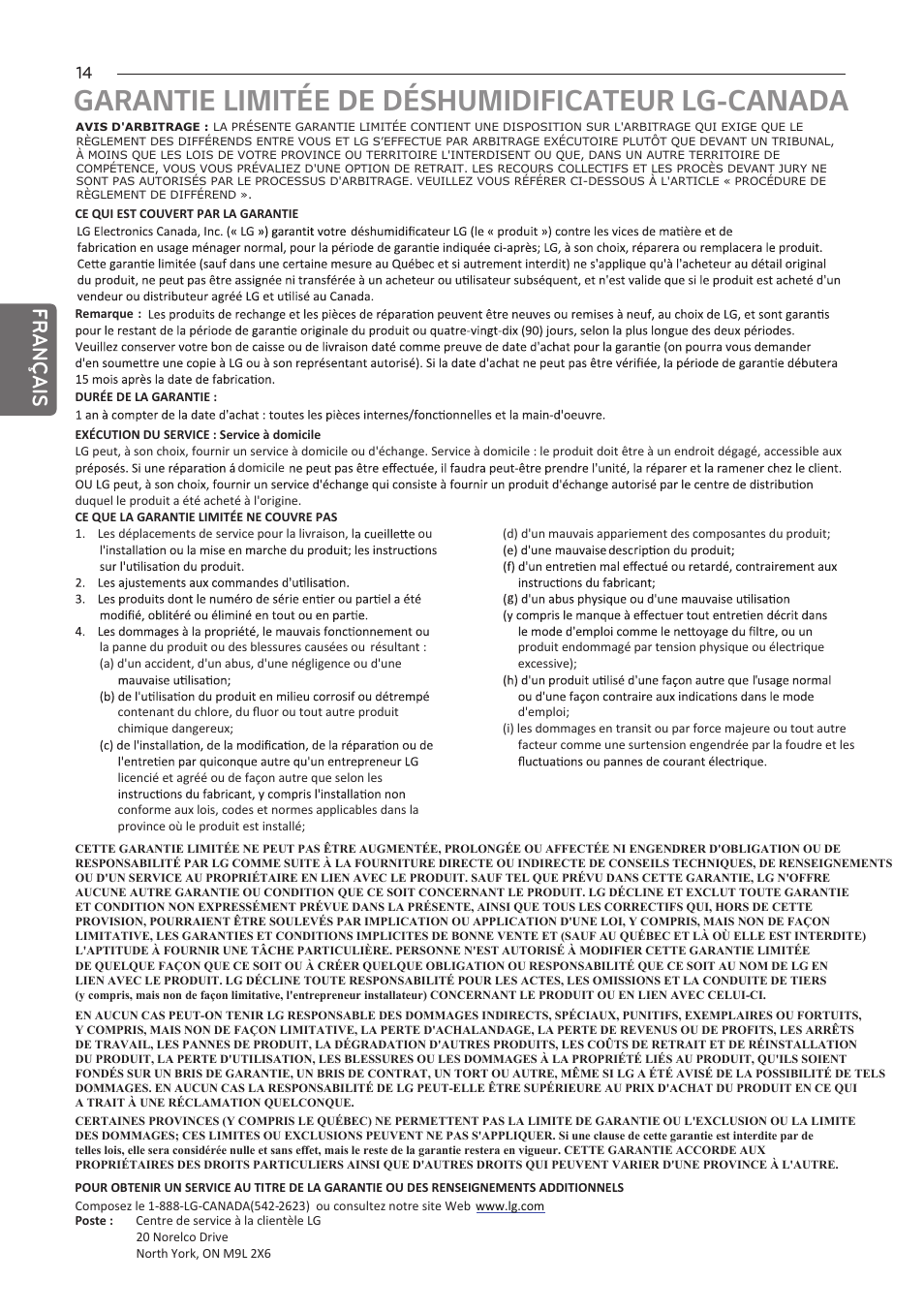 Garantie limitée de déshumidificateur lg-canada, Français | LG 50 Pint Dehumidifier  Owner Manual User Manual | Page 54 / 57